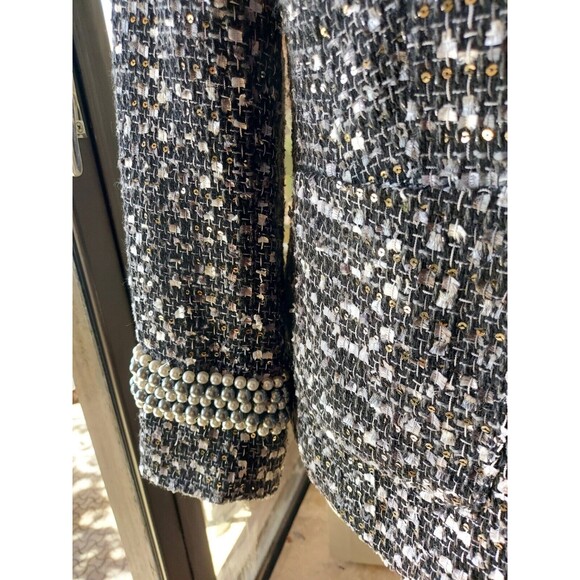 Joan Rivers Gray Black Tweed Blazer Sequin Pearl Detail Trim on sleeve Size 12 - Picture 2 of 9